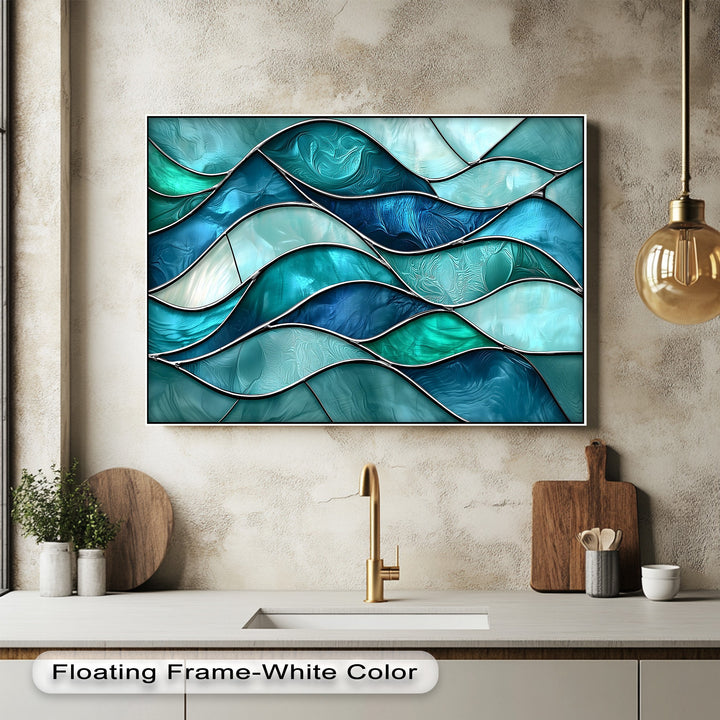 Layers of undulating, translucent turquoise and deep blue stained glass form a unique canvas print, creating captivating oceanic depth.