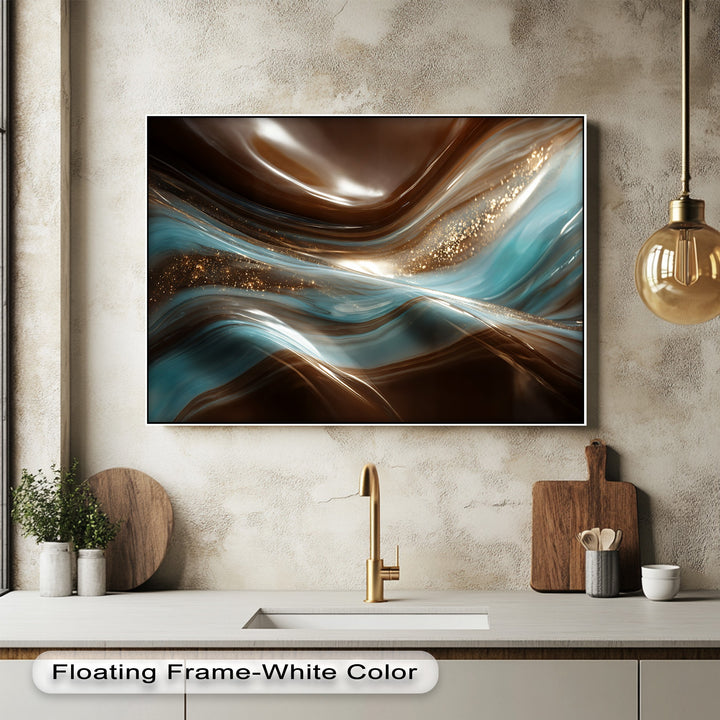 The luxurious and serene mood emanates from this brown turquoise flow abstract marble premium canvas decor, enriched with golden sparkles.