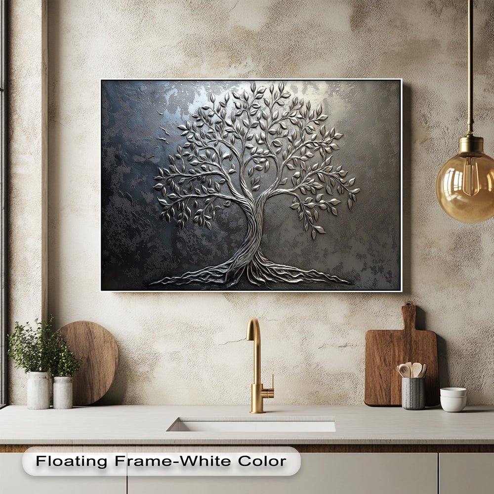 The elegant silver tree botanical big canvas print vibrantly captures the upward growth and spreading roots, evoking dynamic organic movement.