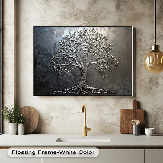 The elegant silver tree botanical big canvas print vibrantly captures the upward growth and spreading roots, evoking dynamic organic movement.