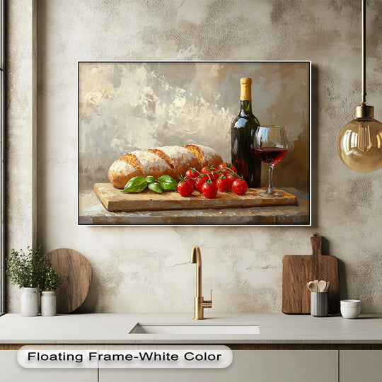 Color contrast highlights the subject of the Italian Kitchen Still Life premium canvas decor, emphasizing the dark wine bottle and red tomatoes against the light bread.