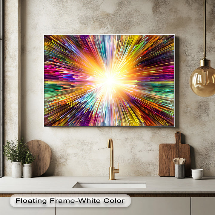 Depicting incredible depth, the abstract canvas pictures showcase vibrant, layered streaks of color explosively radiating from a luminous central burst.