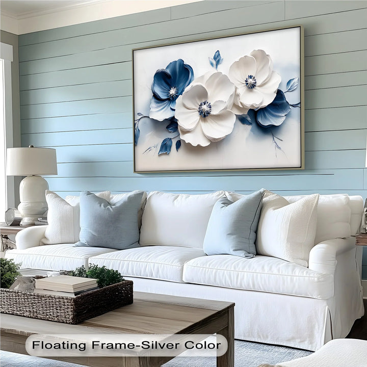 Refined Elegance – neutral flower wall décor with cobalt accents.

