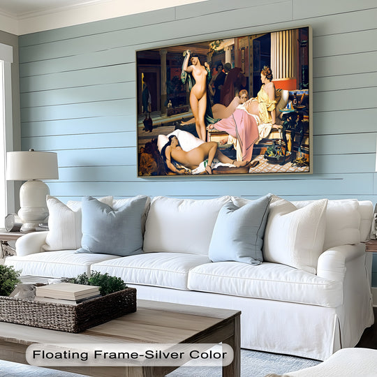 The transition between colors highlights the figures and architectural details in this big canvas prints wall art, 'Palace Reverie,' with its sensual theme and framed finish.