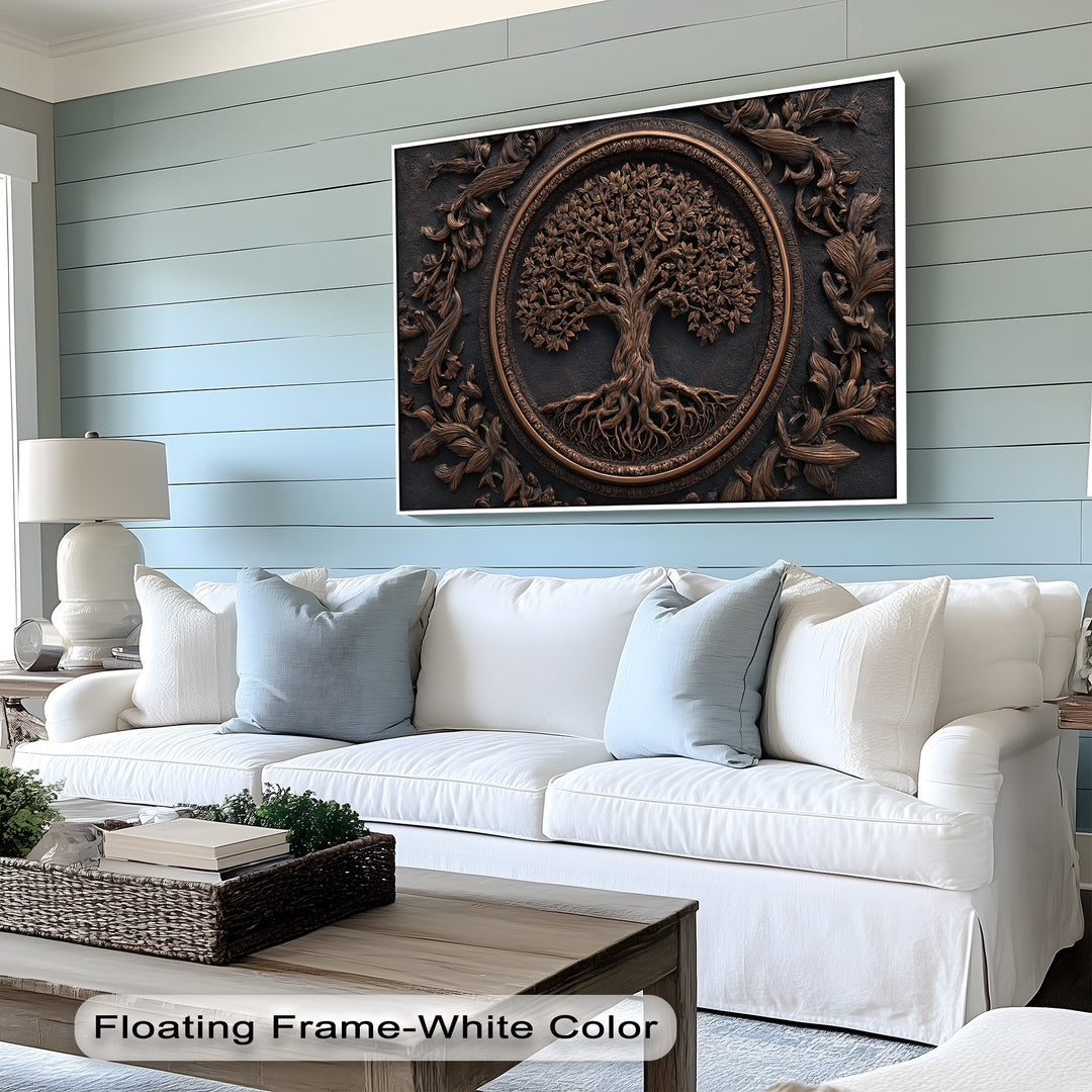 Light and shadow artfully emphasize the intricate textures of the bronze Tree of Life canvas pictures, revealing a stunning rustic botanical wall art.