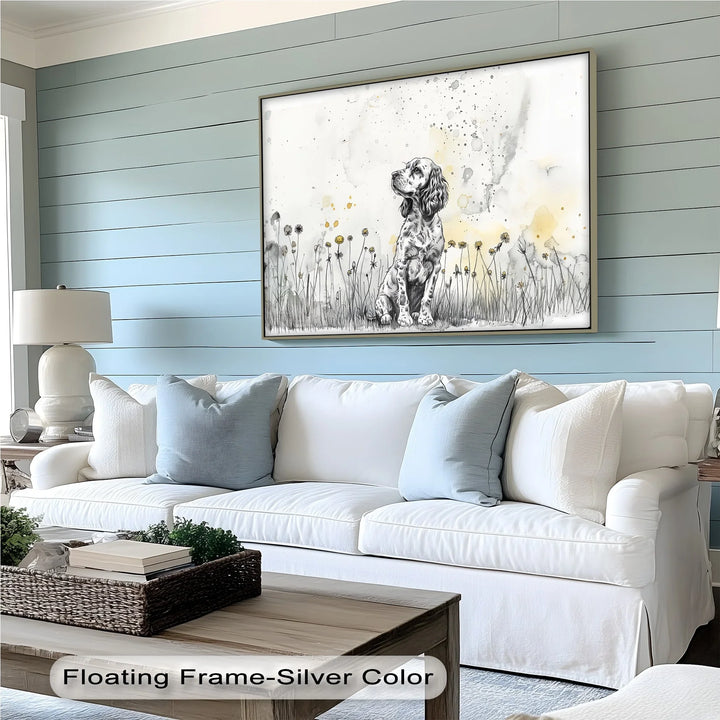 Gentle Wonder – Ink Sketch Puppy in Dandelion Meadow Canvas Print - MyPhotoStation