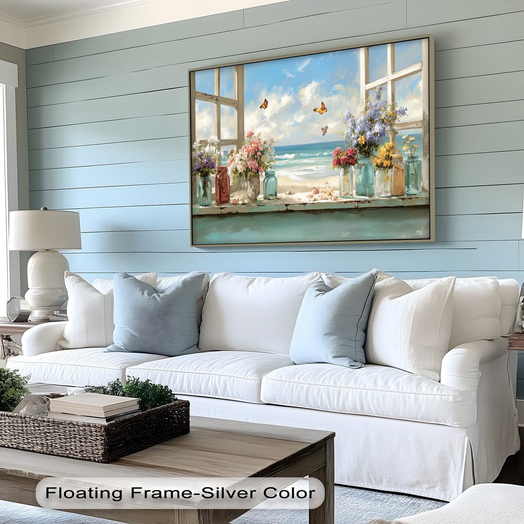 Butterflies by the Shore – Seaside Window Flowers Canvas Print