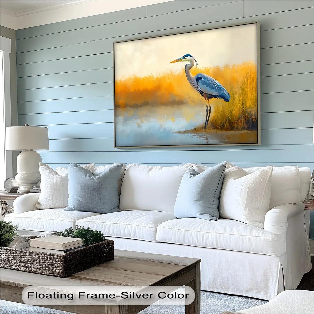 Still Waters – Majestic Heron in Misty Marshland Canvas Wall Art - MyPhotoStation