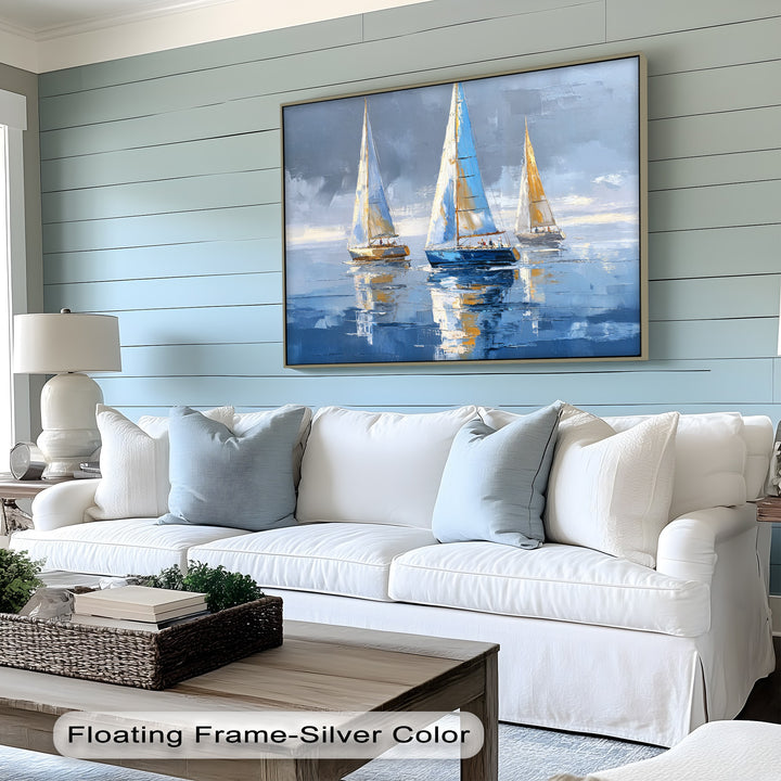Soft light reflecting off the water and sails creates a serene focal point in these elegant coastal sailboat canvas art prints.