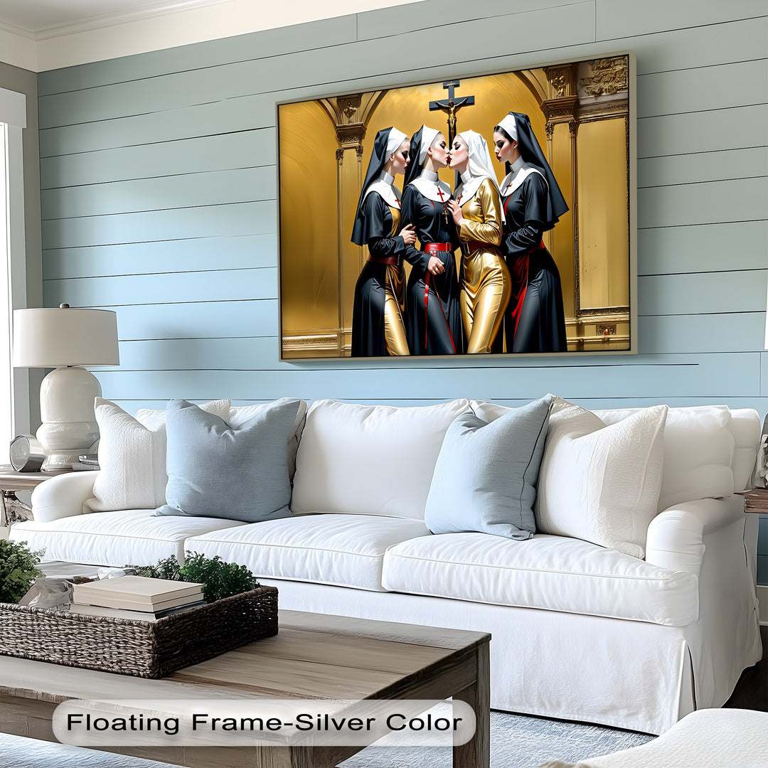 Divine Temptation – Erotic Kissing Nuns Canvas Wall Art | Nude Art