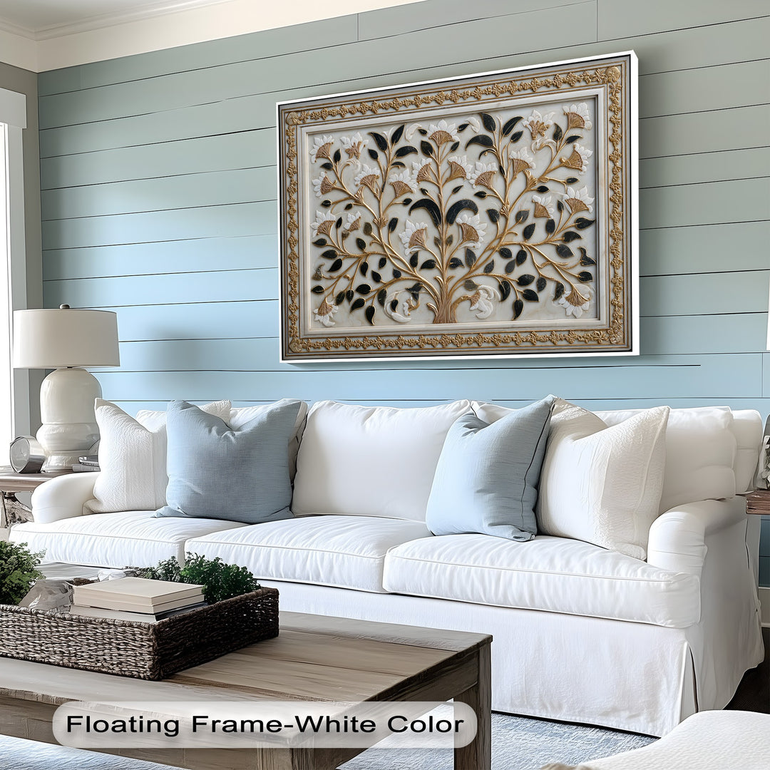 Swirling gold branches and gracefully unfurling white flowers create a dynamic sense of movement in this high quality canvas prints.