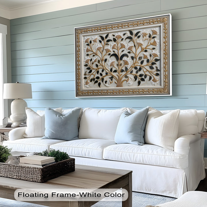 Swirling gold branches and gracefully unfurling white flowers create a dynamic sense of movement in this high quality canvas prints.
