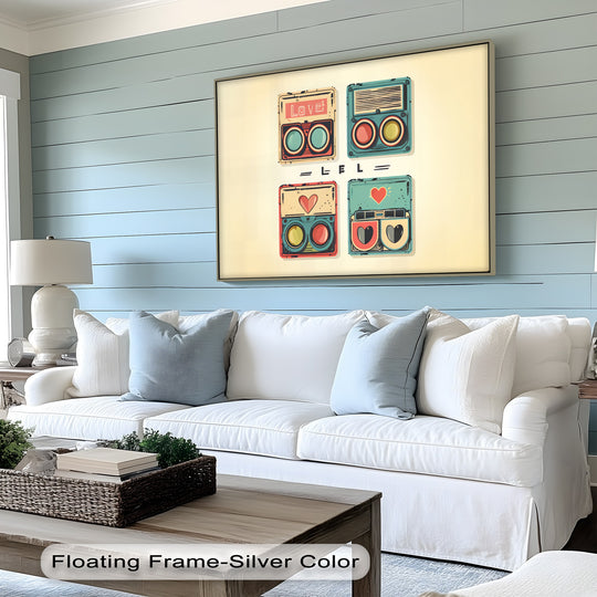 Displayed centrally is the Love Pop Radios retro romance canvas print, showcasing vintage-inspired canvas pictures with charming heart details and a floating silver frame.