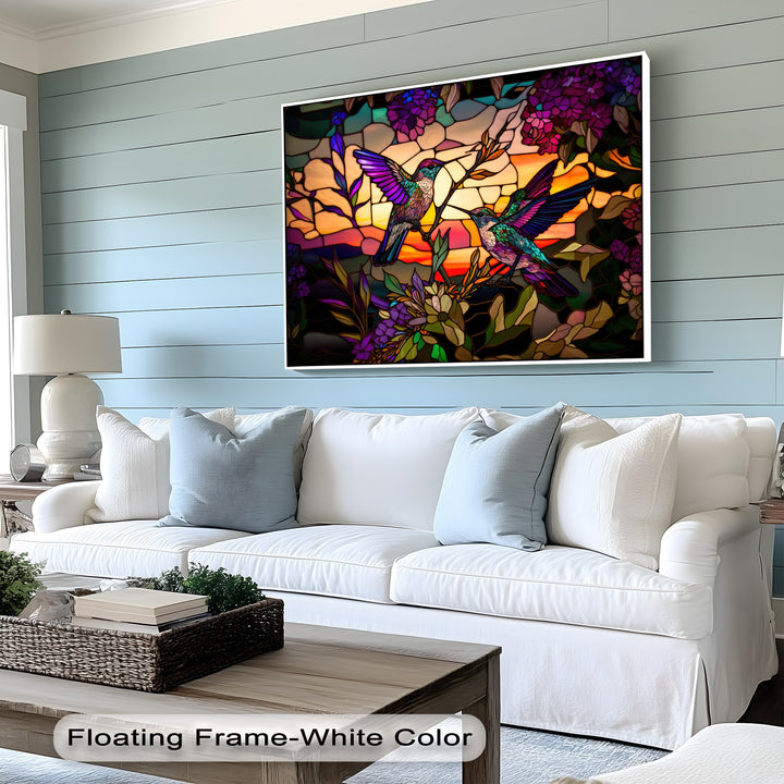 Expertly crafted, this premium canvas decor showcases vibrant stained glass hummingbirds and rich floral wall art, exuding exceptional material quality.