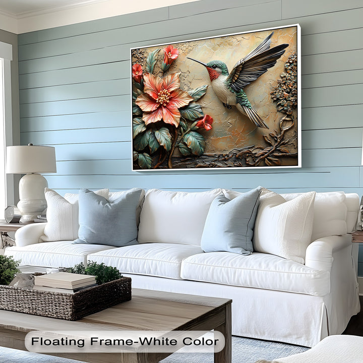 A vivid 3D-style hummingbird and coral floral scene on a framed canvas, showcasing intricate botanical details and a textured finish.