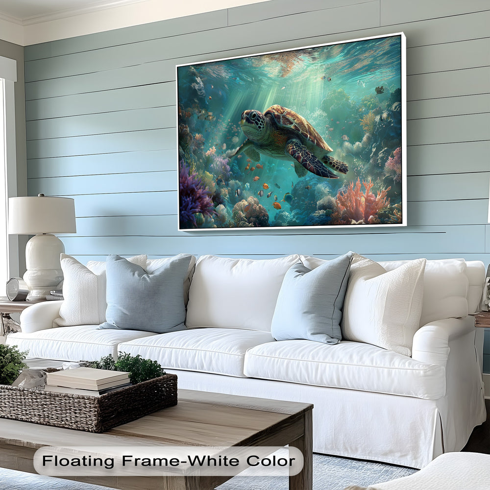 The crisp white floating frame elegantly borders the vibrant sea turtle canvas wall art, showcasing an underwater ocean reef scene.