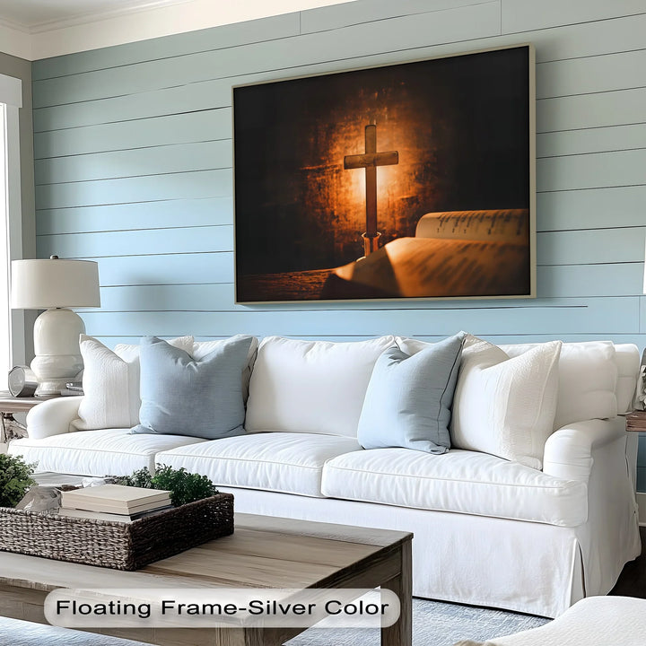 Sacred Glow – Cross and Bible in Candlelight Canvas Print