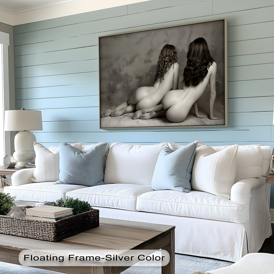 Sepia Reverie – Erotic Canvas Print with Two Nudes | Horizontal Wall Art