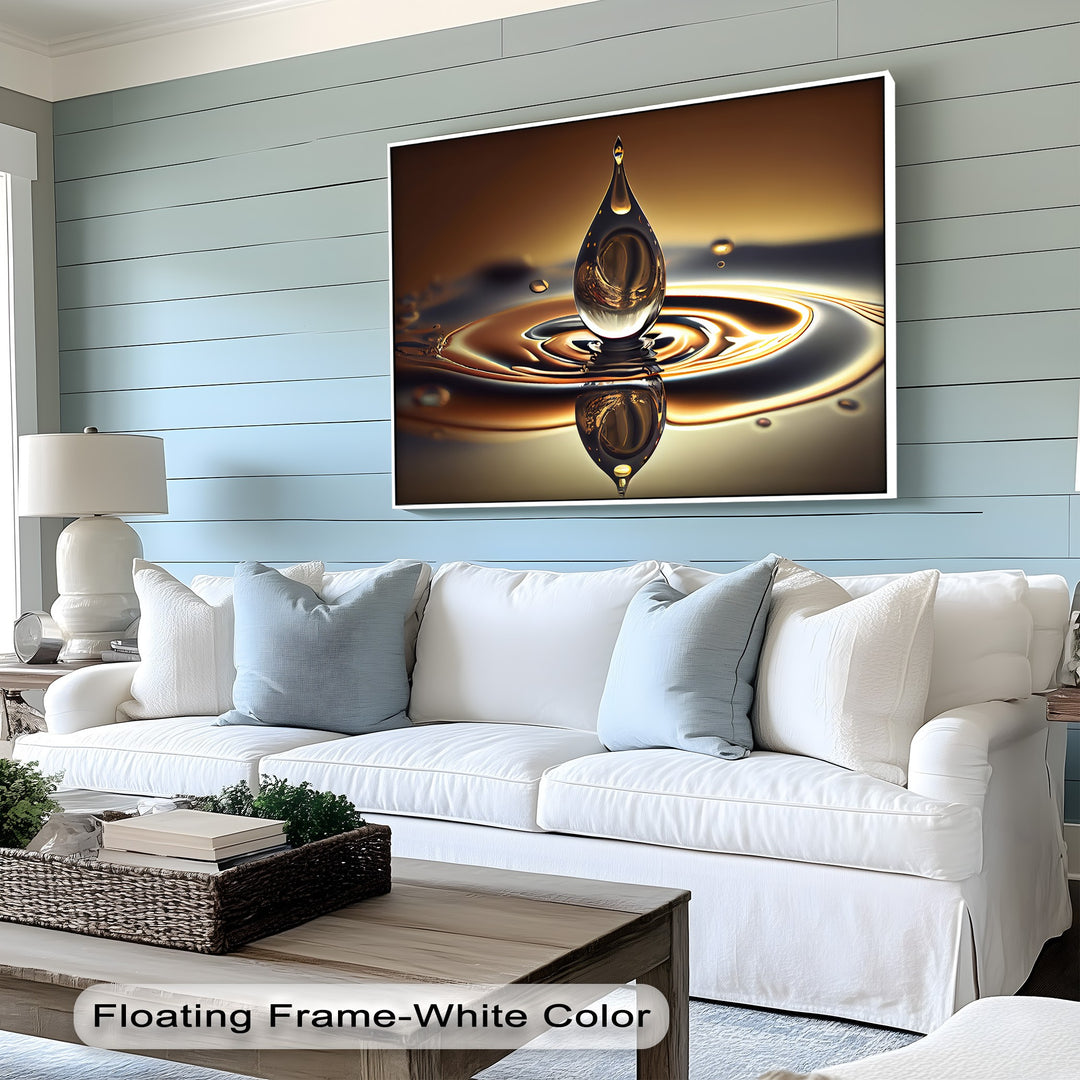 The profound dark reflections within the shimmering golden water drop create depth on the luxury abstract big canvas prints.