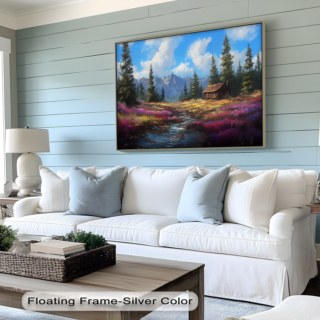 Tranquil Wilderness Cabin – Colorful Mountain Meadow Canvas Print