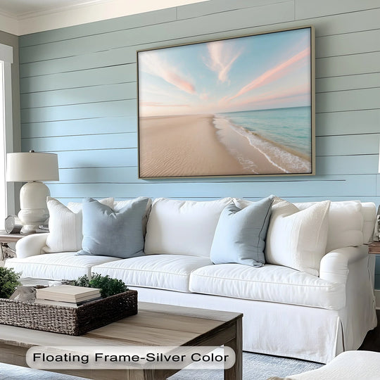 Finely textured canvas art prints showcase the quality of the serene pastel shoreline landscape, highlighting the print's durable construction and vibrant color fidelity.