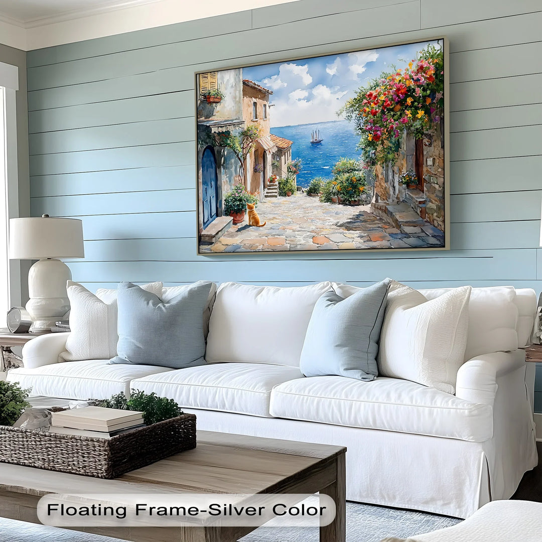 Mediterranean Daydream – Seaside Street with Cat Canvas Print - MyPhotoStation