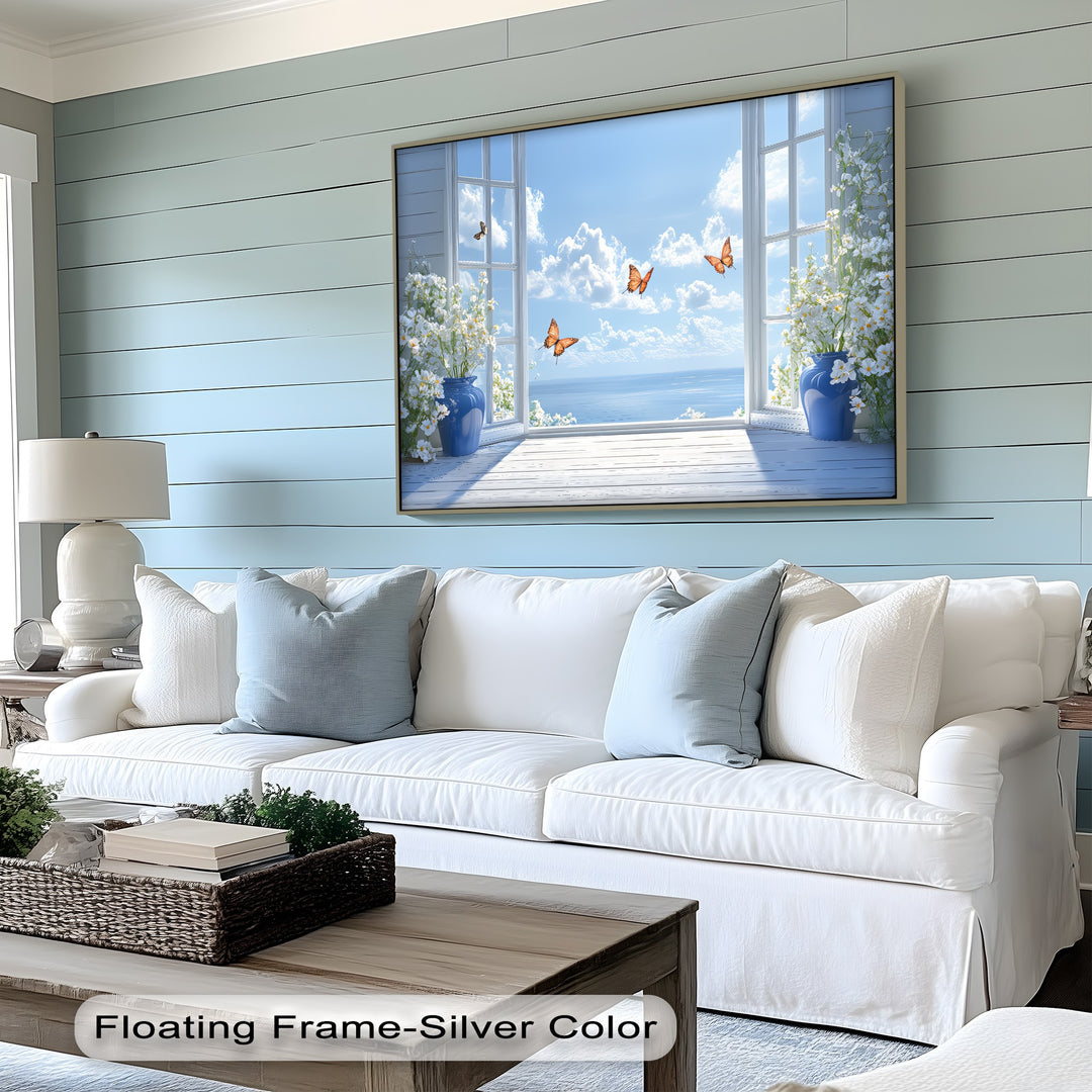 Ocean Breeze Serenity – Blue Vase Flowers and Butterflies Canvas Print