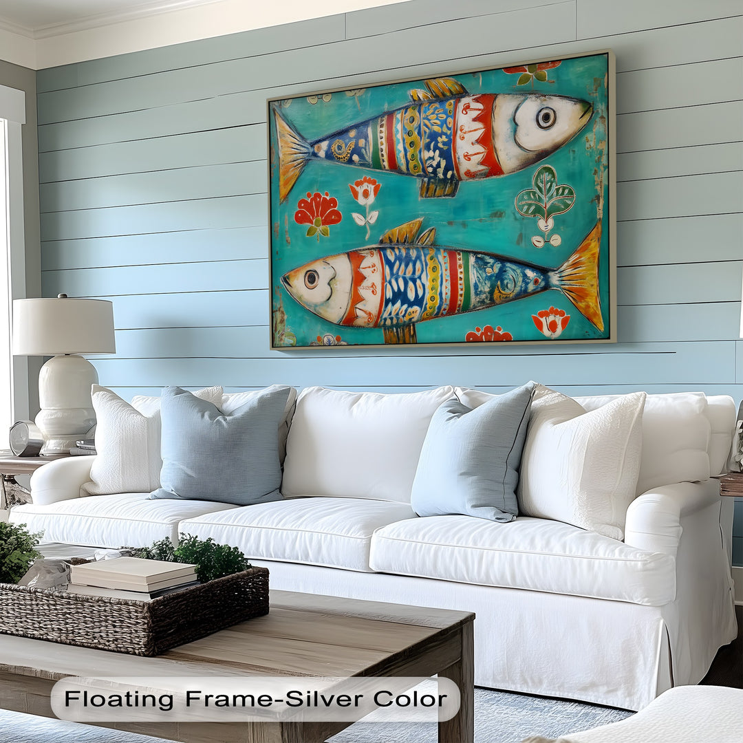 The focal point is the colorful folk fish Scandinavian design on high quality canvas prints adding a charming, artistic touch to the living room decor.