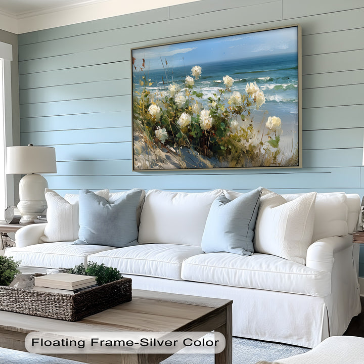 Whispers of the Dunes – White Roses by the Sea Canvas Print