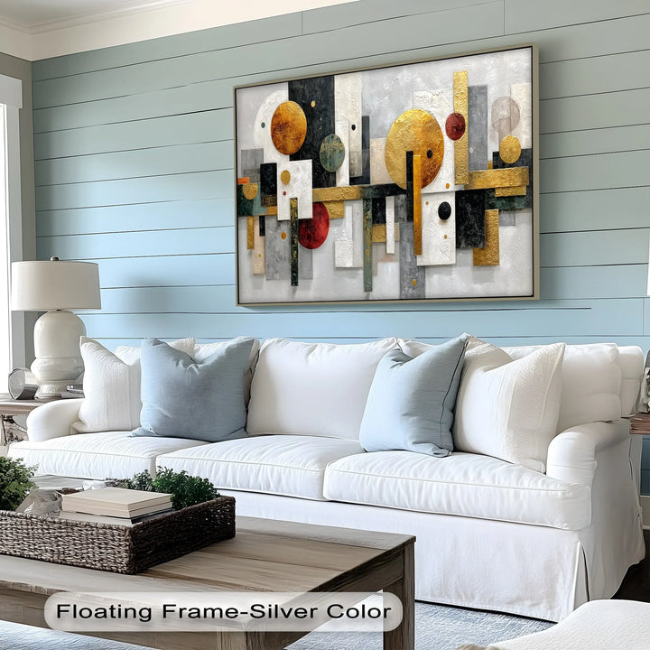 Luxury abstract canvas print with layered rectangles and gold foil accents

