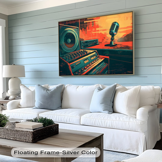 High-quality canvas art showcases a broadcast beats retro radio studio, ensuring vibrant colors and sharp detail on this durable canvas art print.