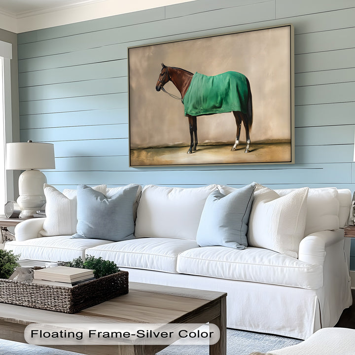 Poised Champion – Racehorse Draped in Green Blanket Canvas Print