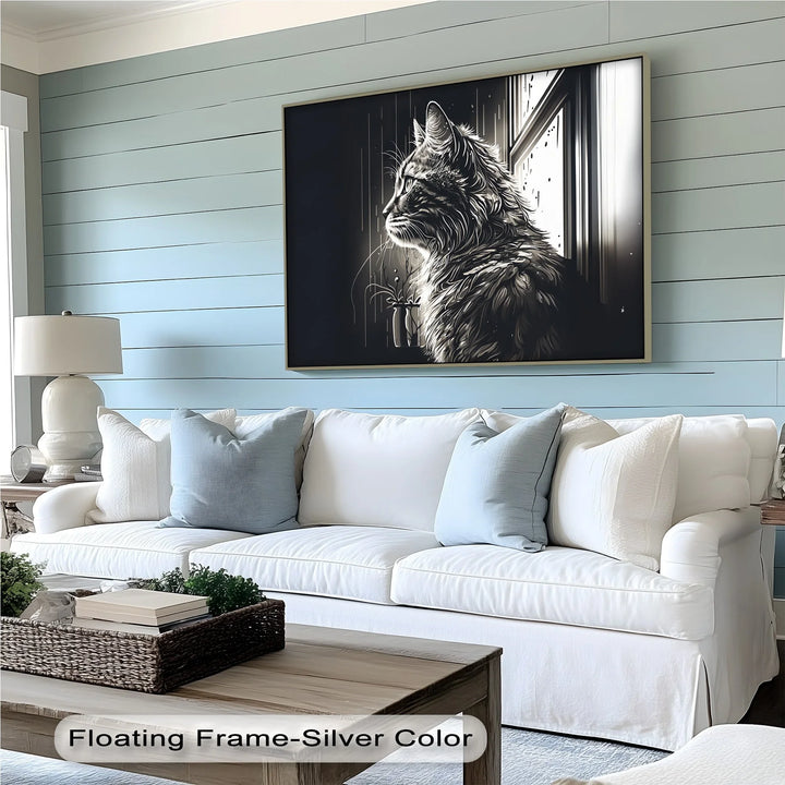 Cat Looking Out the Window in Monochrome - Cat Canvas Print - MyPhotoStation
