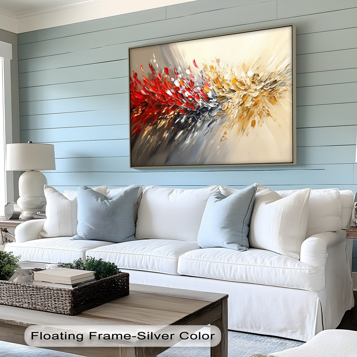 Impasto texture defines the abstract energy of this canvas print, making the unique canvas print a focal point through its raised strokes of red, gold, and silver.
