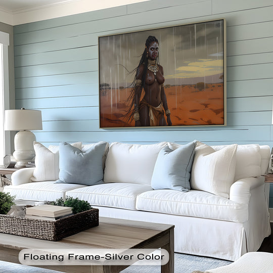 Ochre, brown, and blue dominate this captivating canvas wall art, 'Rain Queen,' a tribal erotic canvas wall art bringing sensual power to your wall.