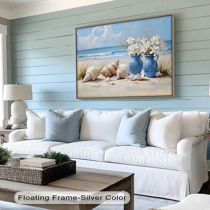 Coastal Serenity – Seashells and Blue Vases Canvas Print