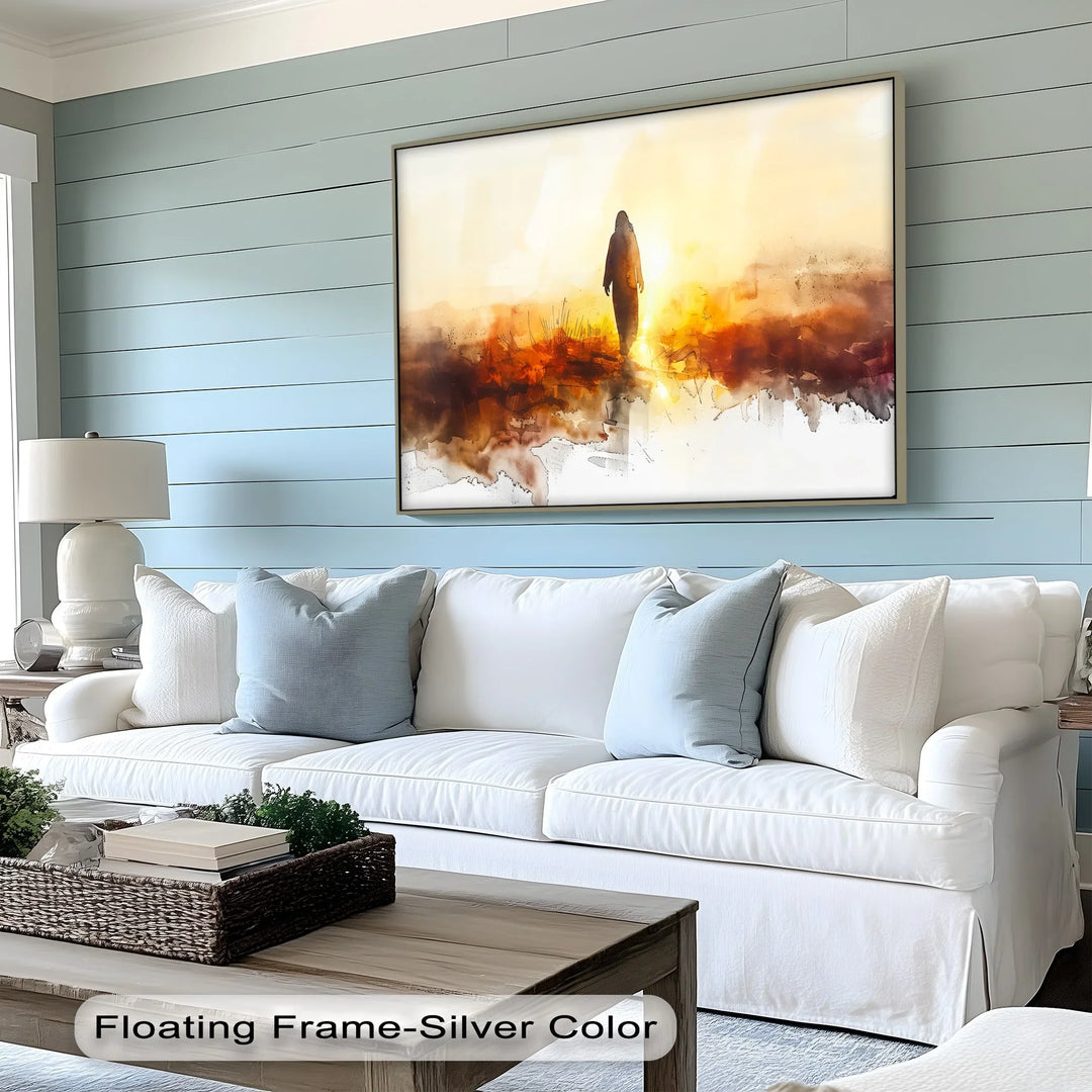 He Walks in Light – Silhouette of Christ in Golden Landscape Canvas Print