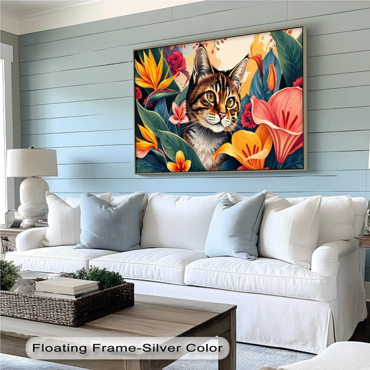 Horizontal rectangular high quality canvas prints depict a tabby cat amidst tropical flowers, presented in a modern living room setting.
