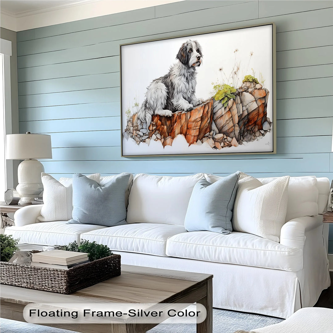 Cliffside Watch – Shaggy Dog on Rocky Ledge Pencil Art Canvas Print - MyPhotoStation