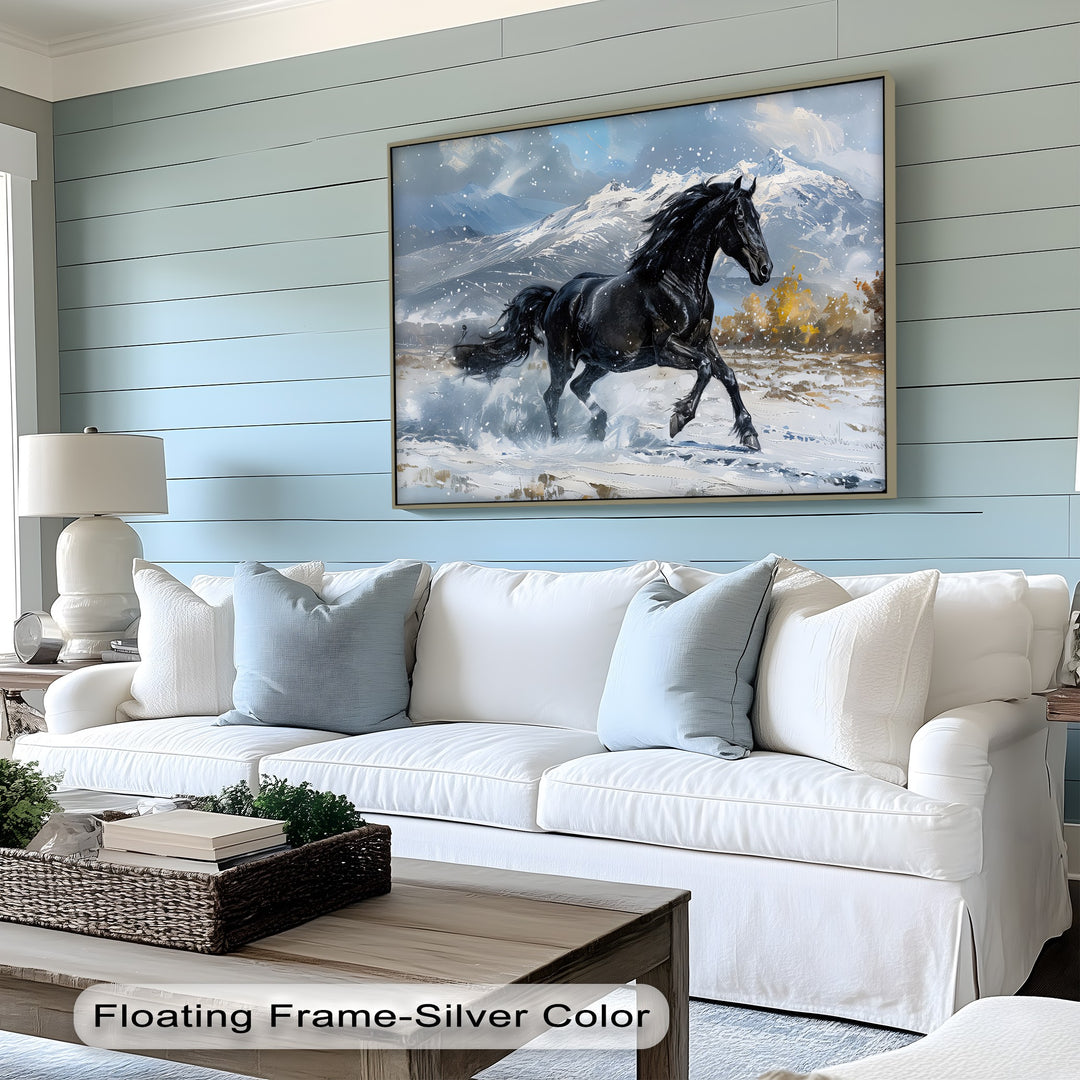 Galloping Black Stallion in Snowy Mountains - Horse Canvas Print