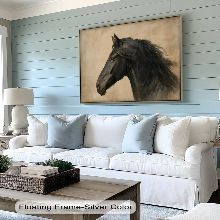 Powerful stallion close-up canvas painting for rustic interiors
