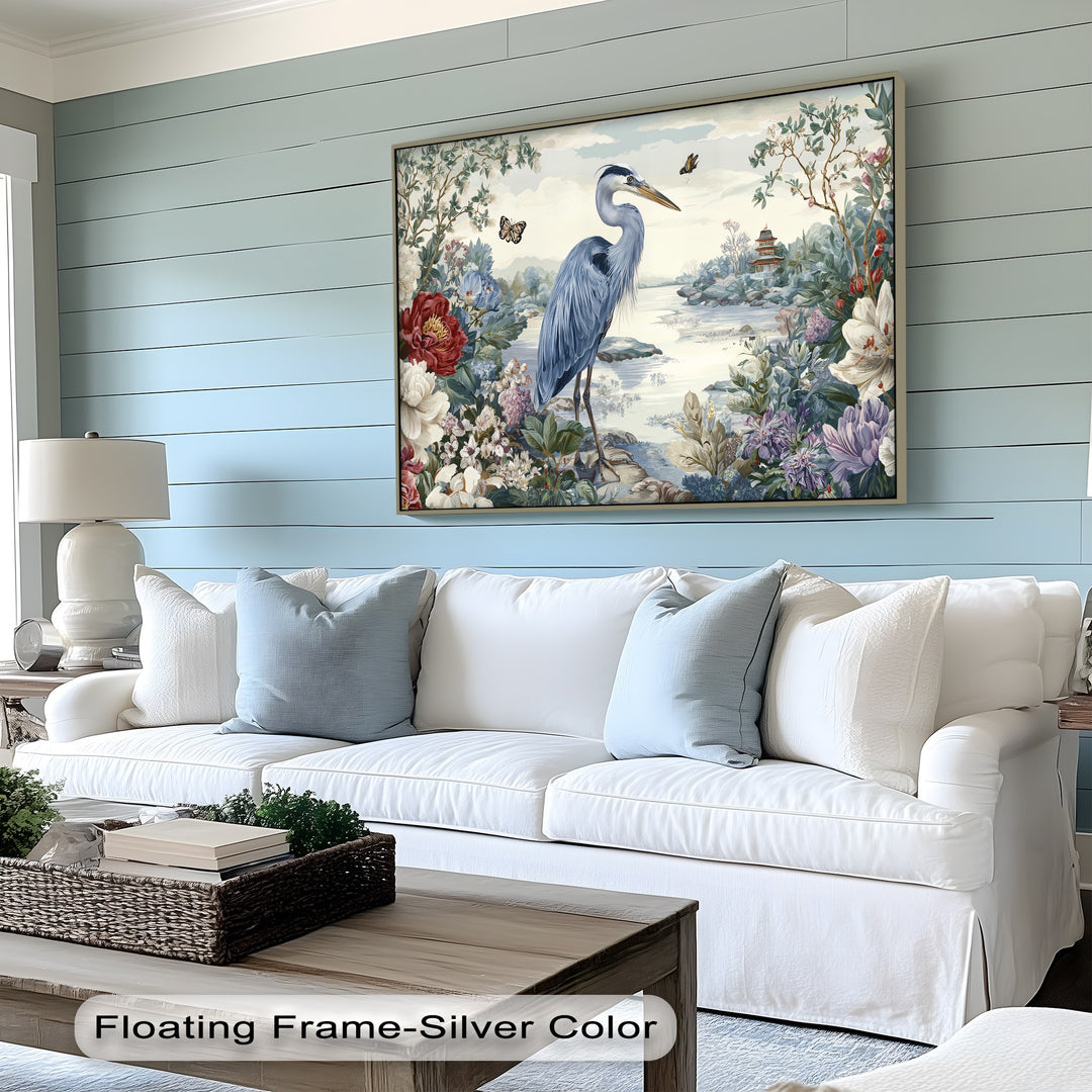 Suggesting an ethereal quality, this elegant heron garden canvas print offers a calming abstract interpretation of a floral nature scene through canvas wall art.