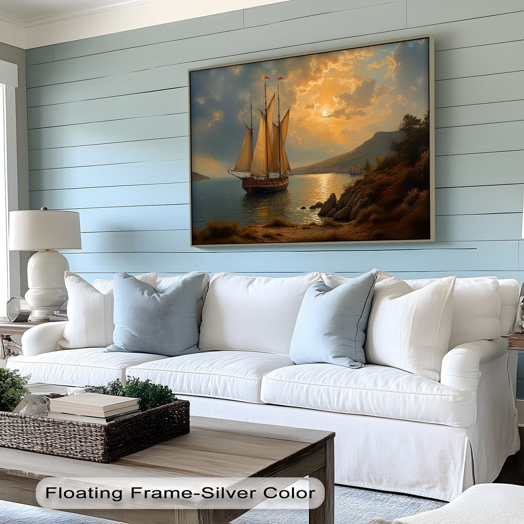 Golden Horizon Voyage – Sailing Ship Sunset Canvas Wall Art | Framed Art