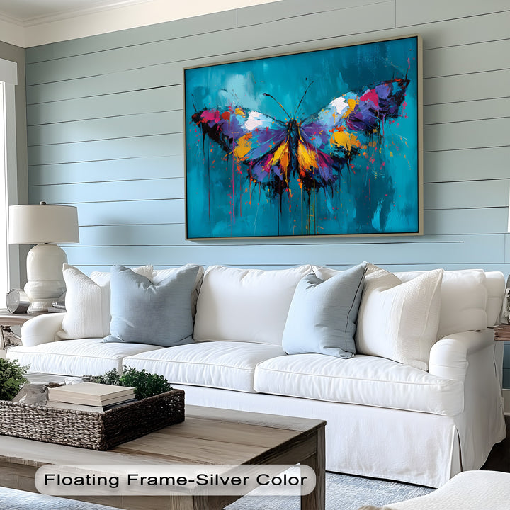 Vibrant Wings – Colorful Butterfly on Teal Abstract Canvas Print