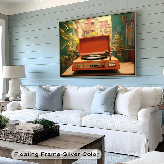 Featuring subtle surface texture, this 'Groove in Bloom – Retro Record Player Canvas Print' highlights the tactile quality of canvas pictures on a charming wall art piece.