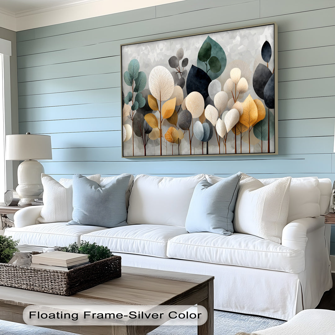 The stillness of the minimalist abstract forest is captured in this framed canvas featuring botanical tree wall art, creating a serene and modern focal point.