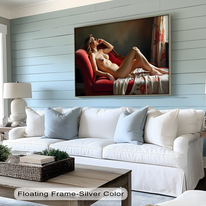 Reclining Nude on Red Chaise - Erotic Canvas Wall Art | Large Art