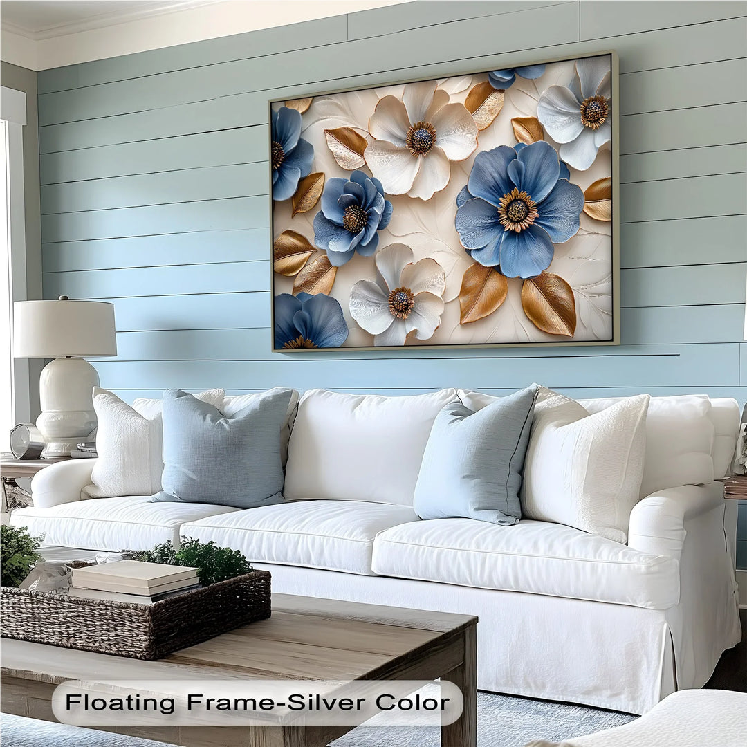 Blue and Gold Elegance – Sophisticated Floral Canvas Wall Art - MyPhotoStation