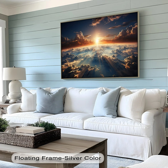 Radiant sunbeams ascend and flow throughout the high quality canvas prints, giving the celestial sunrise over the clouds a vivid sense of movement.