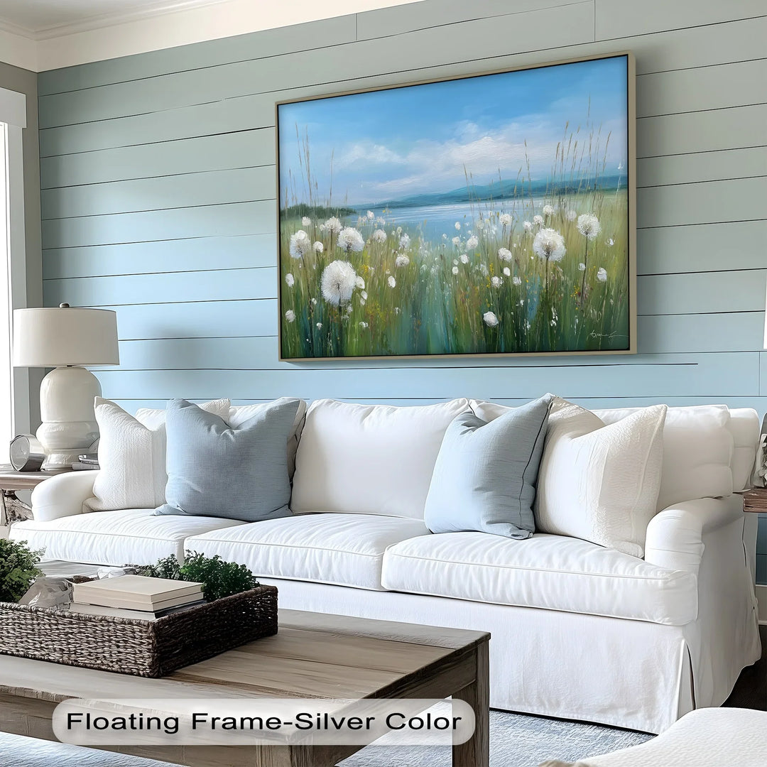 Whispers of Spring – Dandelion Field by the Lake Canvas Print - MyPhotoStation